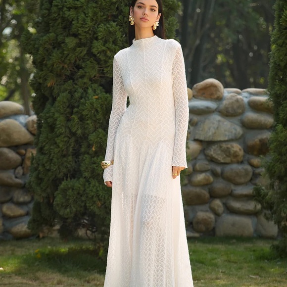 Commense Semi-Sheer Mock Neck Lace Flowy Long Dress - Picture 4 of 9